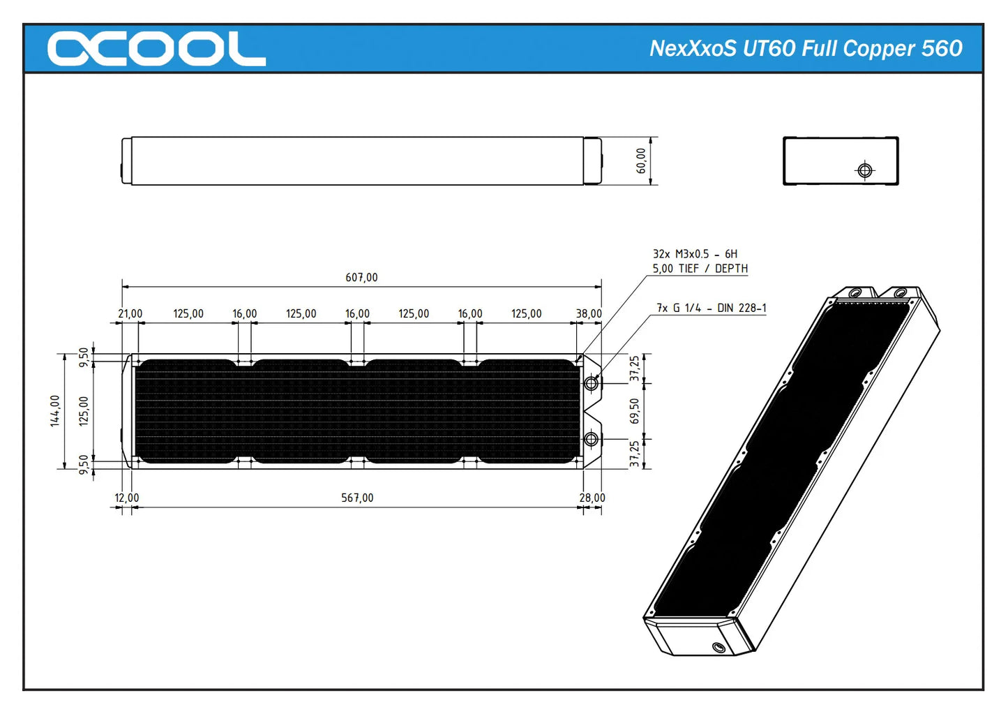 Alphacool NexXxoS UT60 Full Copper 560mm x 60mm Radiator - Black
